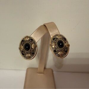 MICHAL GOLAN EARRINGS CLIP GOLD BRONZE WITH BLACK BEADS SIGNED OVAL